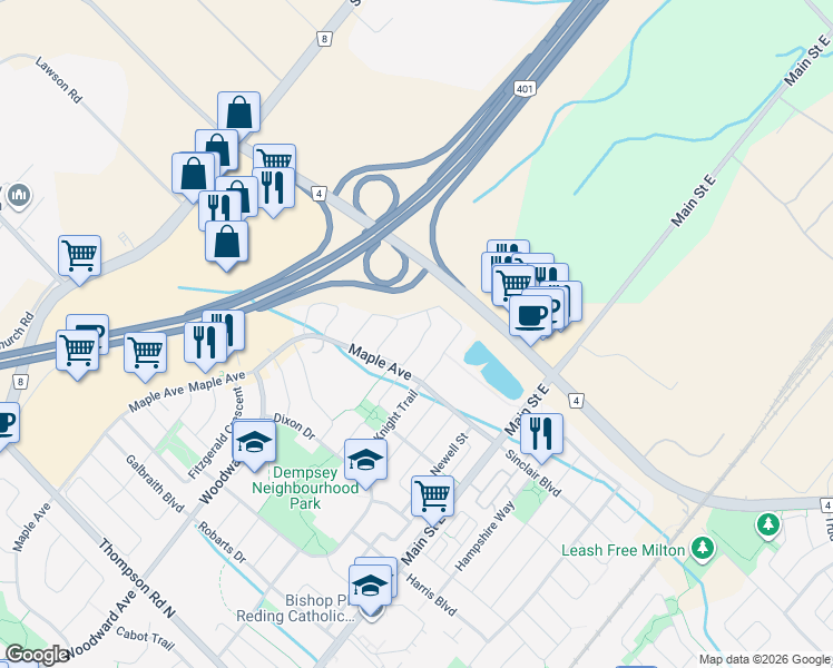 map of restaurants, bars, coffee shops, grocery stores, and more near 158 Cooke Crescent in Milton