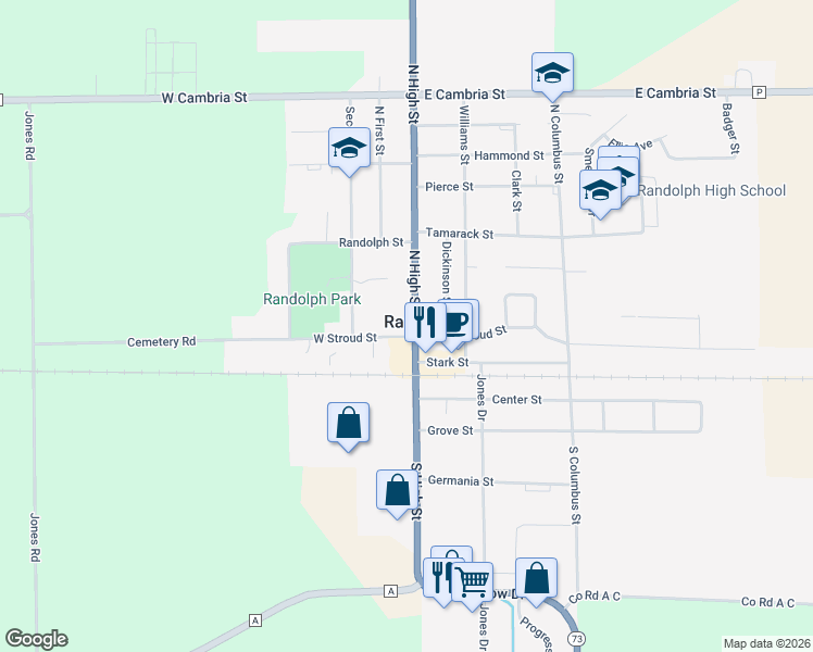 map of restaurants, bars, coffee shops, grocery stores, and more near 209 North High Street in Randolph