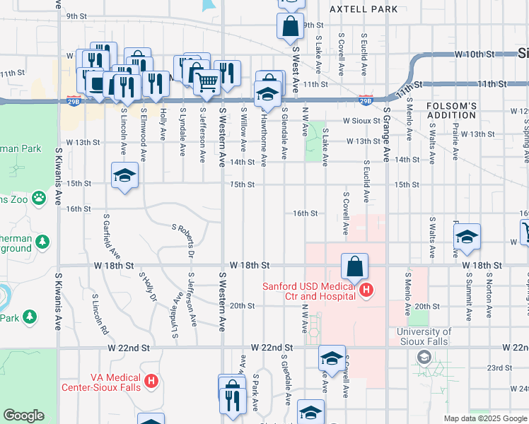 map of restaurants, bars, coffee shops, grocery stores, and more near 800 South Hawthorne Avenue in Sioux Falls
