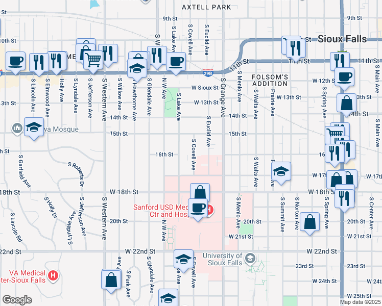 map of restaurants, bars, coffee shops, grocery stores, and more near 735 South Covell Avenue in Sioux Falls