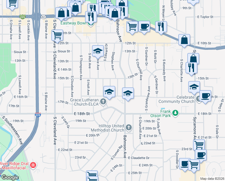 map of restaurants, bars, coffee shops, grocery stores, and more near 925 South Stephen Avenue in Sioux Falls