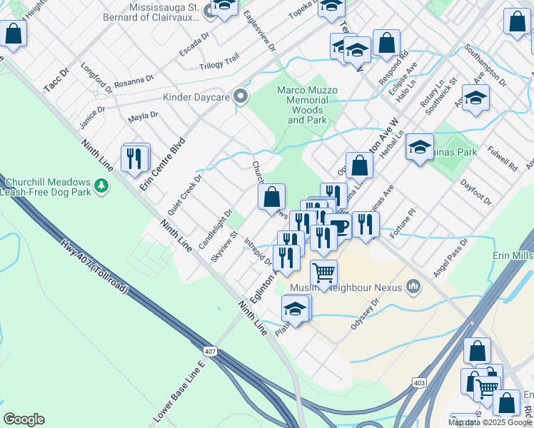 map of restaurants, bars, coffee shops, grocery stores, and more near 3877 Stardust Drive in Mississauga