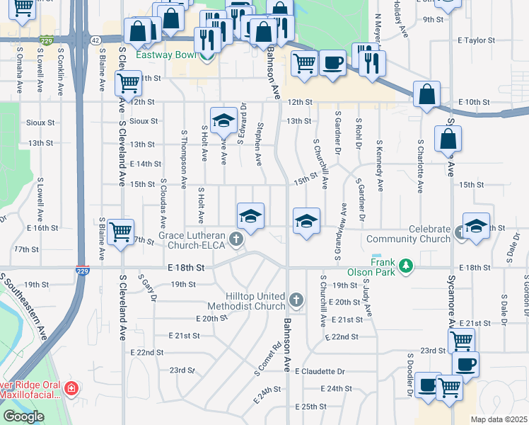 map of restaurants, bars, coffee shops, grocery stores, and more near 925 South Stephen Avenue in Sioux Falls