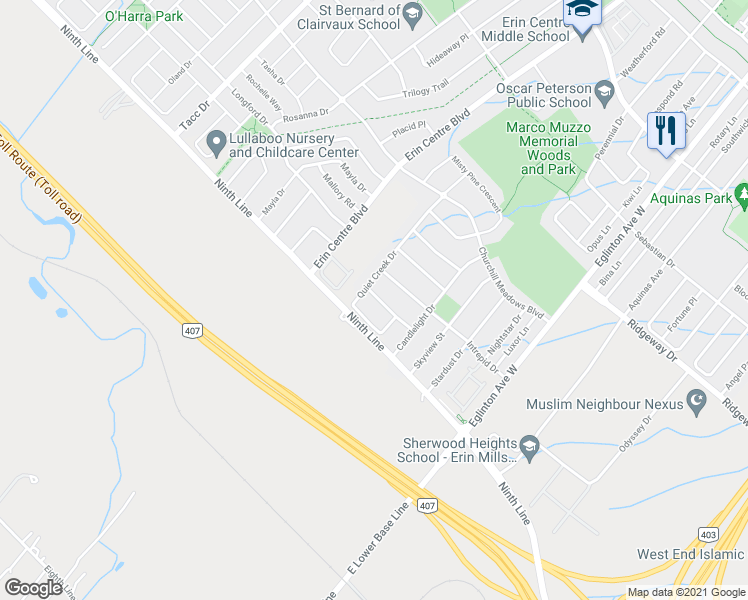 map of restaurants, bars, coffee shops, grocery stores, and more near 5160 Celebration Drive in Mississauga