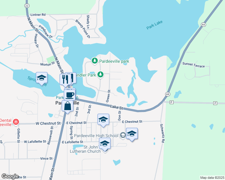 map of restaurants, bars, coffee shops, grocery stores, and more near 502 Elliott Street in Pardeeville