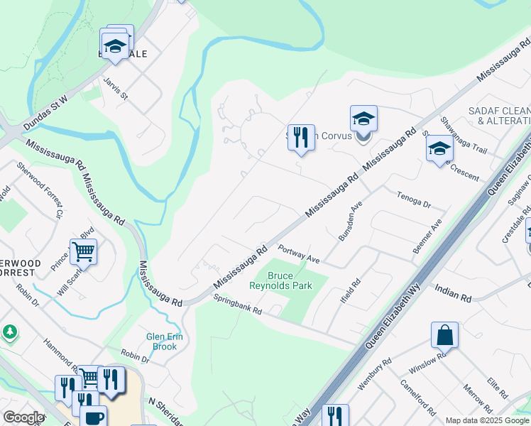 map of restaurants, bars, coffee shops, grocery stores, and more near 1571 Yew Street in Mississauga