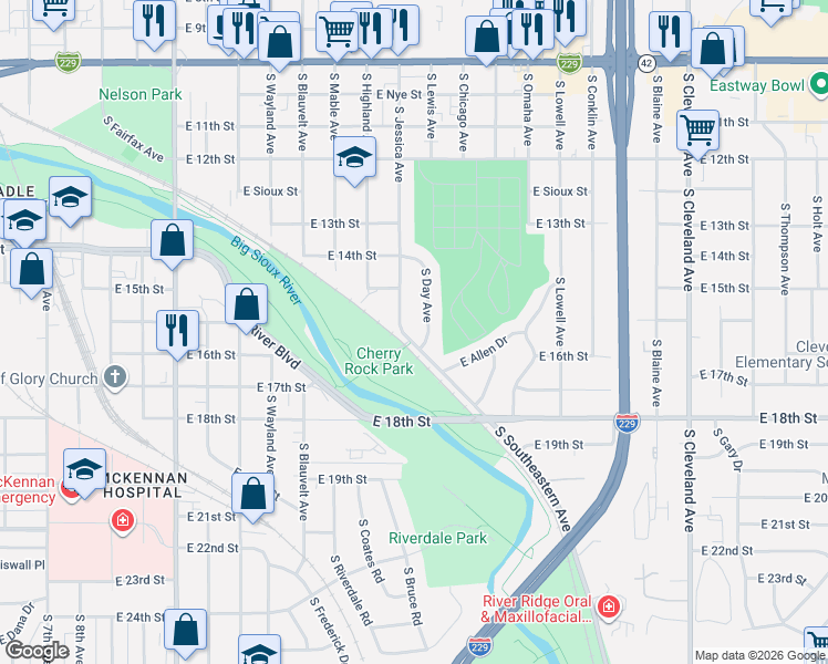map of restaurants, bars, coffee shops, grocery stores, and more near 836 South Southeastern Avenue in Sioux Falls