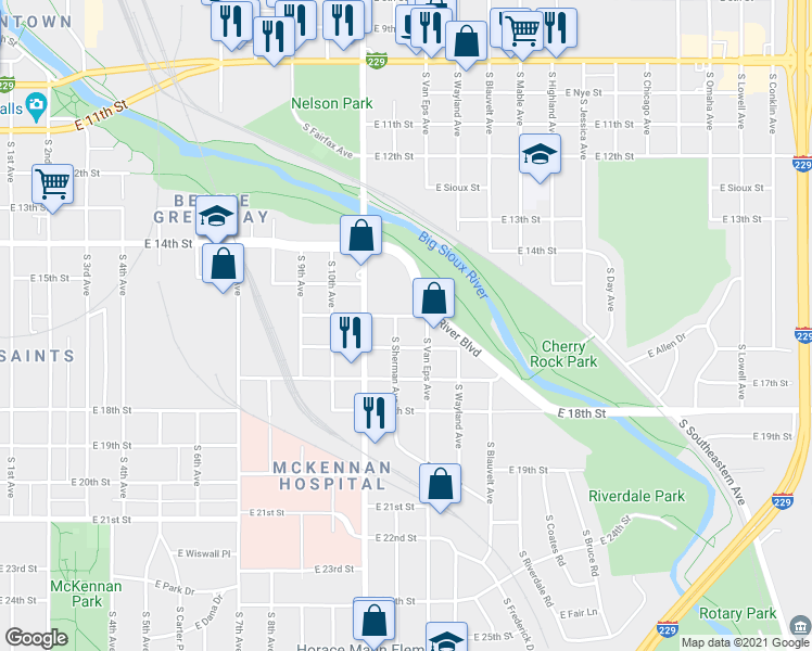 map of restaurants, bars, coffee shops, grocery stores, and more near 800 South Sherman Avenue in Sioux Falls