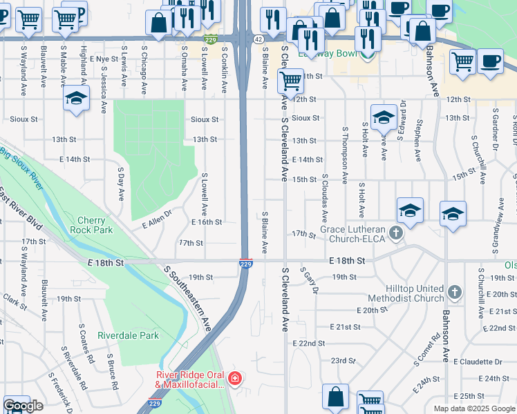 map of restaurants, bars, coffee shops, grocery stores, and more near 929 South Blaine Avenue in Sioux Falls