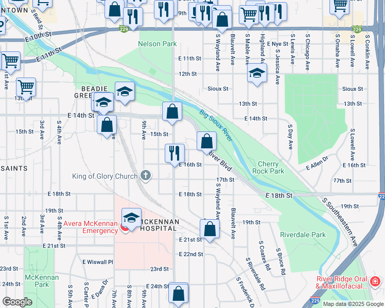 map of restaurants, bars, coffee shops, grocery stores, and more near 800 South Sherman Avenue in Sioux Falls