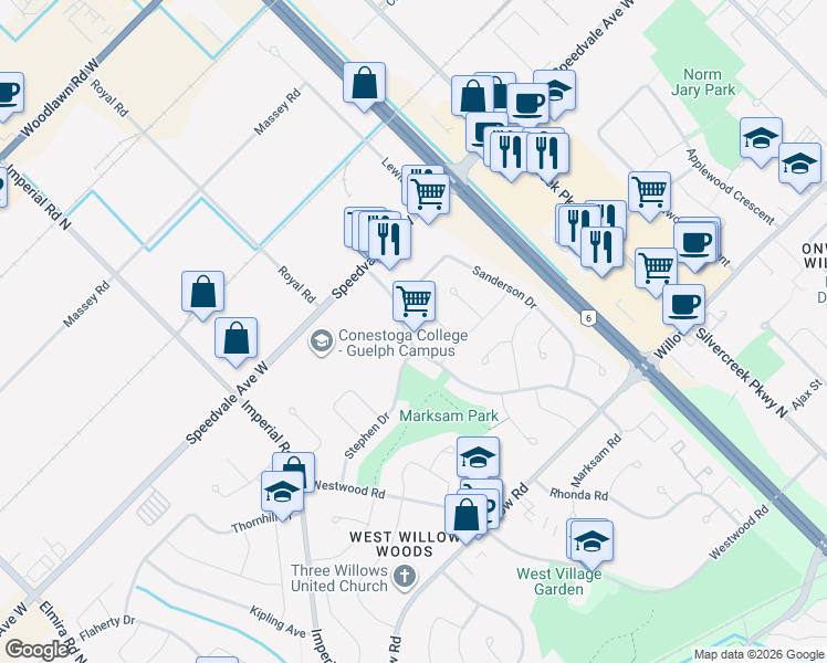 map of restaurants, bars, coffee shops, grocery stores, and more near 167 Marksam Road in Guelph