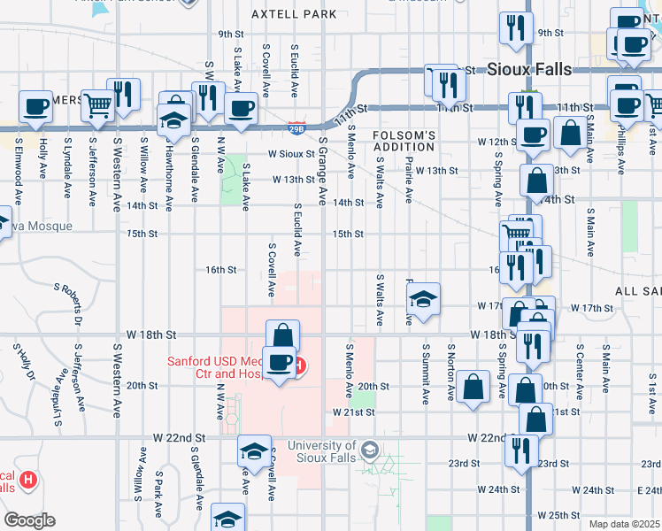 map of restaurants, bars, coffee shops, grocery stores, and more near 724 South Grange Avenue in Sioux Falls