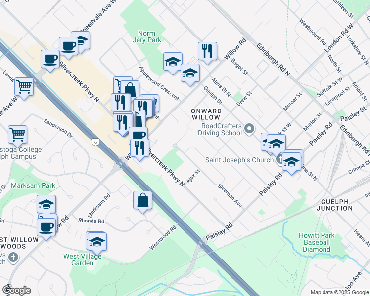 map of restaurants, bars, coffee shops, grocery stores, and more near 60 Kenwood Crescent in Guelph