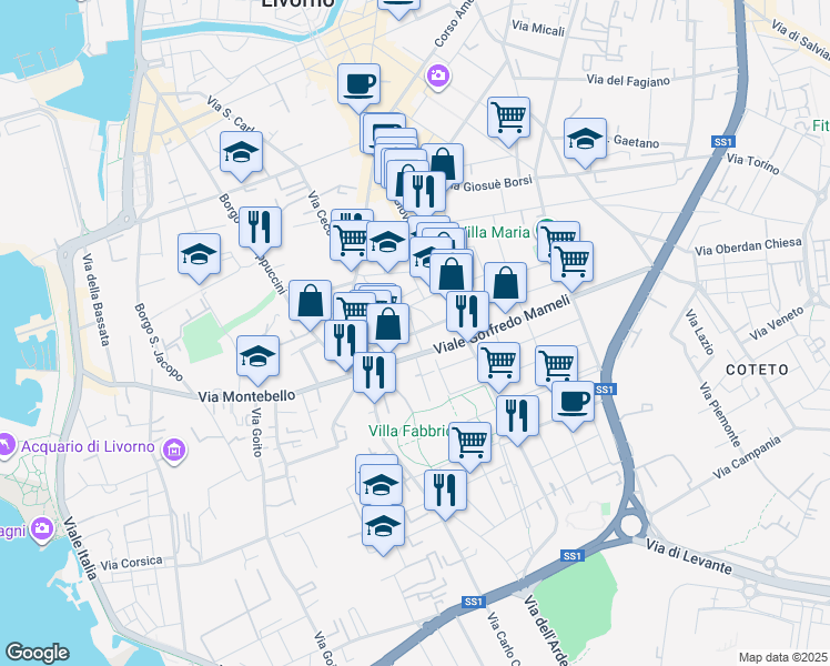 map of restaurants, bars, coffee shops, grocery stores, and more near Via Antonio Mangini in Livorno