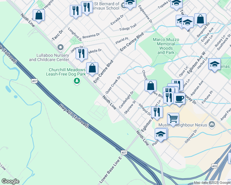 map of restaurants, bars, coffee shops, grocery stores, and more near 5149 Celebration Drive in Mississauga