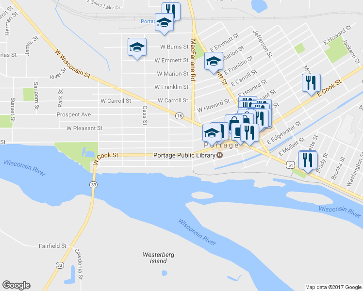 map of restaurants, bars, coffee shops, grocery stores, and more near 416 West Conant Street in Portage