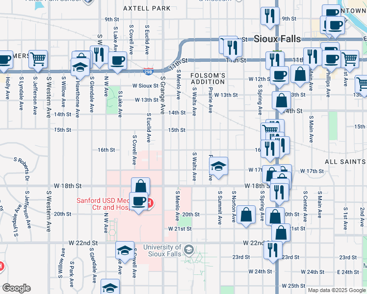 map of restaurants, bars, coffee shops, grocery stores, and more near 920 West 16th Street in Sioux Falls