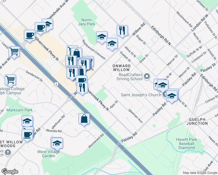 map of restaurants, bars, coffee shops, grocery stores, and more near 63 Kenwood Crescent in Guelph