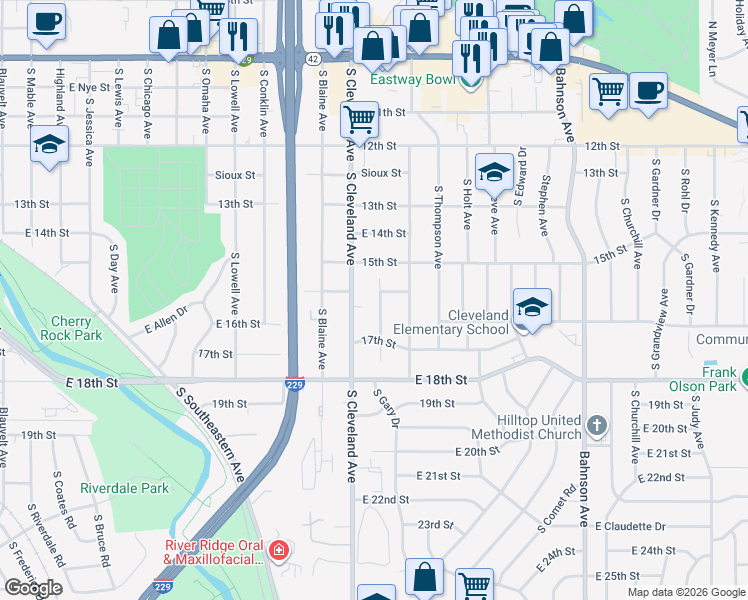 map of restaurants, bars, coffee shops, grocery stores, and more near 924 South Harrington Avenue in Sioux Falls