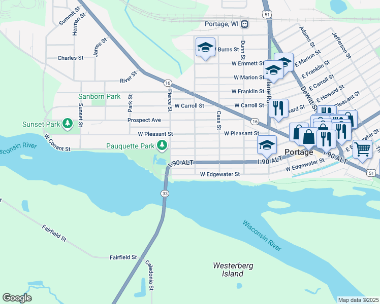 map of restaurants, bars, coffee shops, grocery stores, and more near 706 West Conant Street in Portage