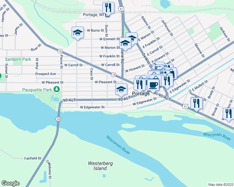 map of restaurants, bars, coffee shops, grocery stores, and more near 416 West Conant Street in Portage
