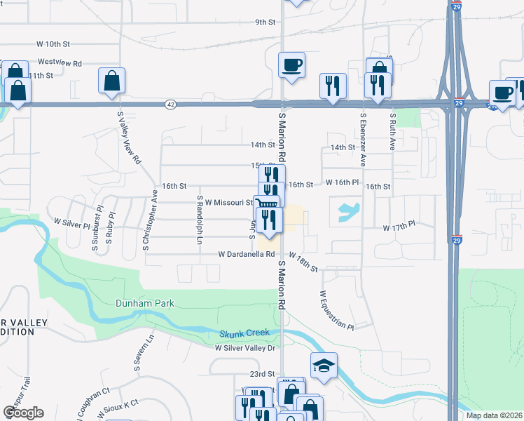 map of restaurants, bars, coffee shops, grocery stores, and more near 818 South Juneau Lane in Sioux Falls