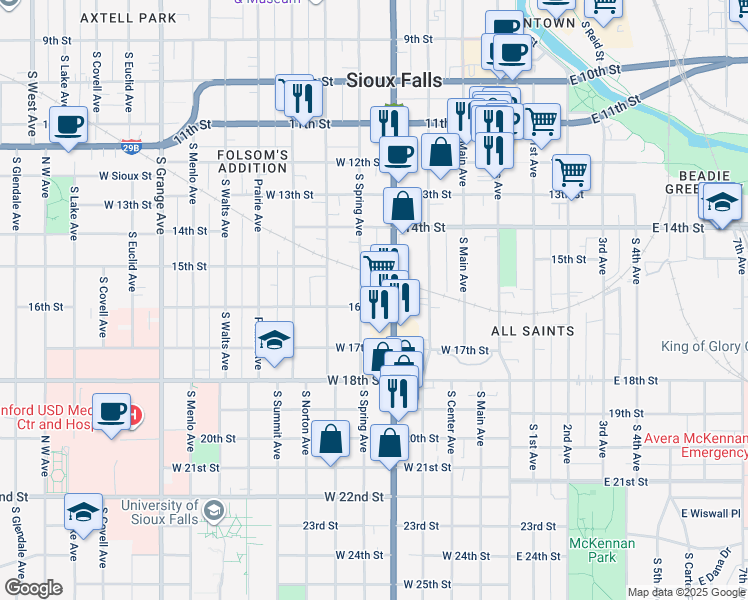 map of restaurants, bars, coffee shops, grocery stores, and more near 414 West 16th Street in Sioux Falls