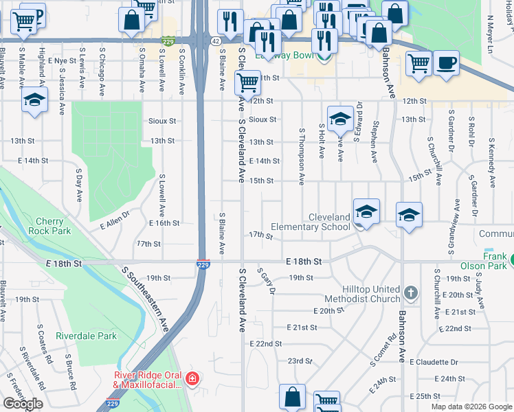 map of restaurants, bars, coffee shops, grocery stores, and more near 924 South Harrington Avenue in Sioux Falls