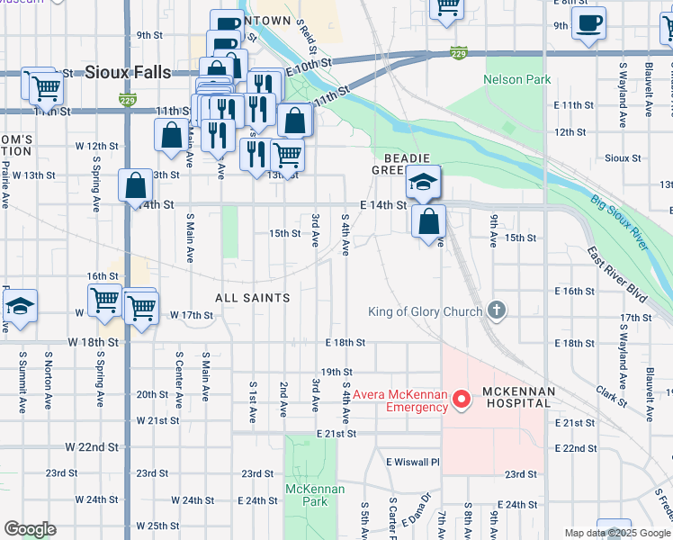 map of restaurants, bars, coffee shops, grocery stores, and more near 725 South 4th Avenue in Sioux Falls