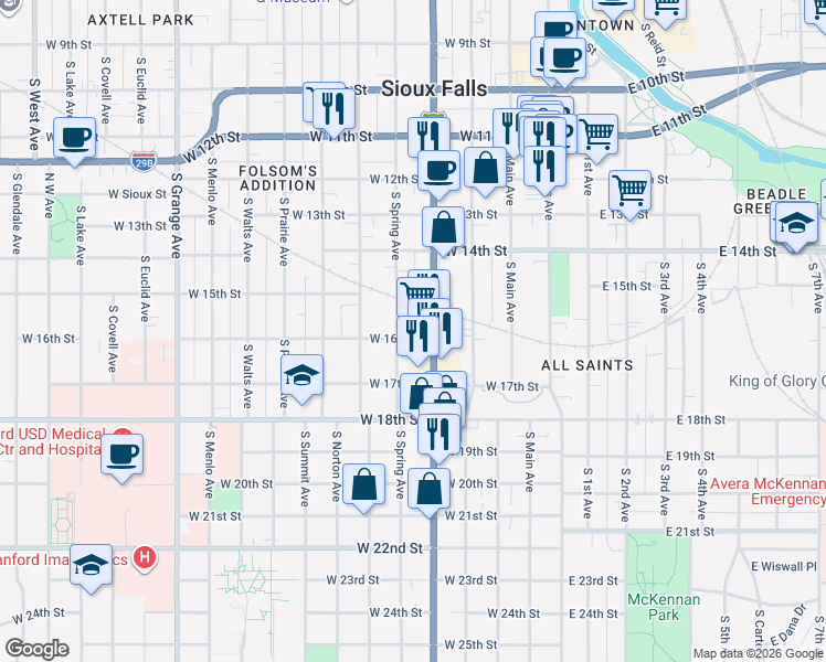 map of restaurants, bars, coffee shops, grocery stores, and more near 414 West 16th Street in Sioux Falls