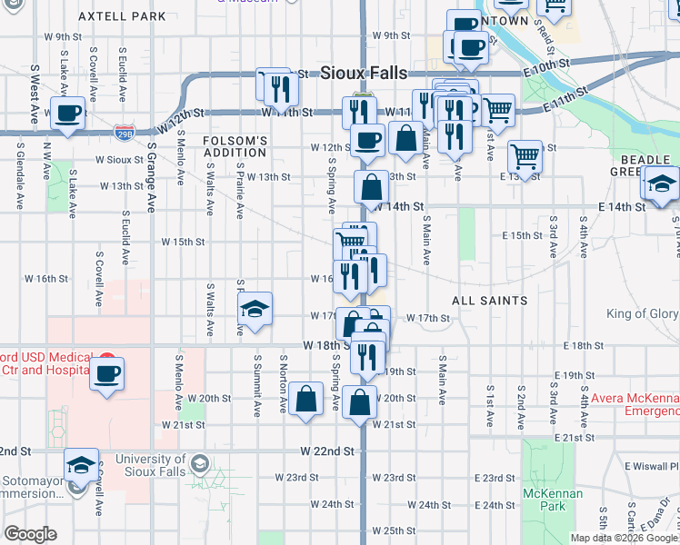 map of restaurants, bars, coffee shops, grocery stores, and more near 414 West 16th Street in Sioux Falls