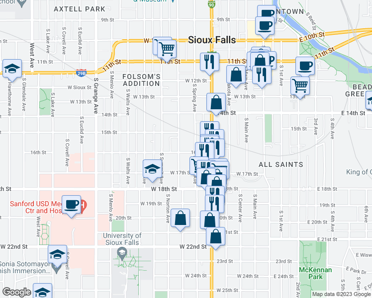 map of restaurants, bars, coffee shops, grocery stores, and more near 512 West 16th Street in Sioux Falls