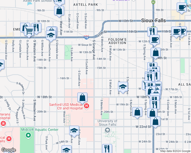 map of restaurants, bars, coffee shops, grocery stores, and more near 724 South Grange Avenue in Sioux Falls