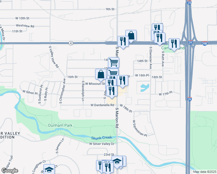 map of restaurants, bars, coffee shops, grocery stores, and more near 818 South Juneau Lane in Sioux Falls
