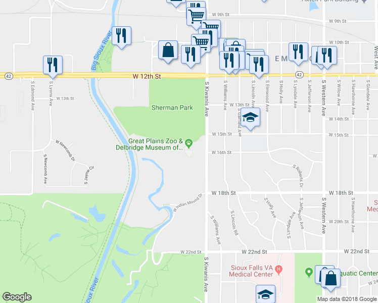 map of restaurants, bars, coffee shops, grocery stores, and more near 805 South Kiwanis Avenue in Sioux Falls