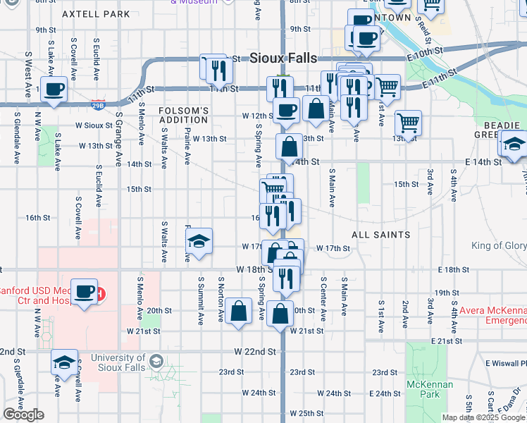map of restaurants, bars, coffee shops, grocery stores, and more near 730 South Spring Avenue in Sioux Falls