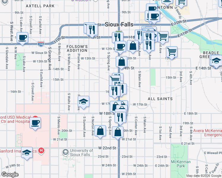 map of restaurants, bars, coffee shops, grocery stores, and more near 414 West 16th Street in Sioux Falls