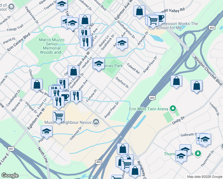 map of restaurants, bars, coffee shops, grocery stores, and more near 4819 Bloomburg Drive in Mississauga