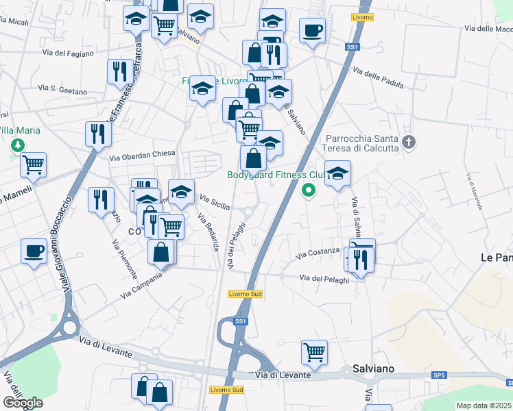 map of restaurants, bars, coffee shops, grocery stores, and more near 101 Via Cimarosa in Livorno