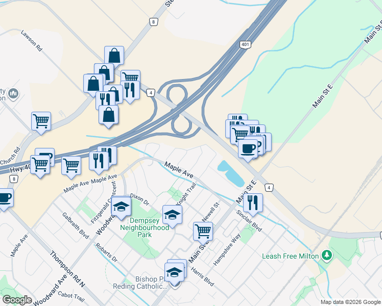map of restaurants, bars, coffee shops, grocery stores, and more near 158 Cooke Crescent in Milton