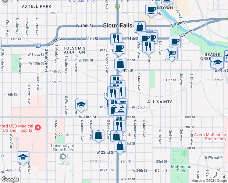 map of restaurants, bars, coffee shops, grocery stores, and more near 414 West 16th Street in Sioux Falls