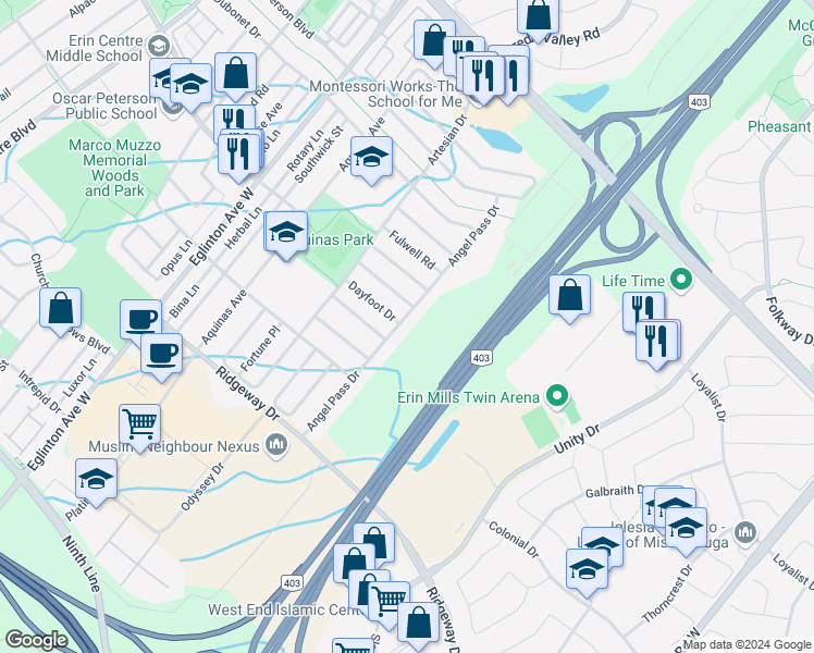 map of restaurants, bars, coffee shops, grocery stores, and more near 3314 Angel Pass Drive in Mississauga