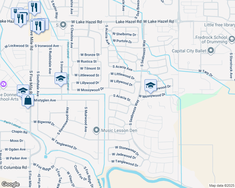 map of restaurants, bars, coffee shops, grocery stores, and more near 9669 West Trestlewood Drive in Boise
