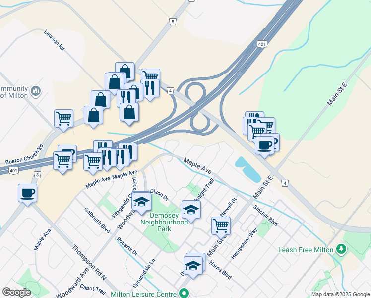 map of restaurants, bars, coffee shops, grocery stores, and more near 1356 Roper Drive in Milton
