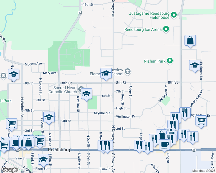 map of restaurants, bars, coffee shops, grocery stores, and more near 634 North Grove Street in Reedsburg