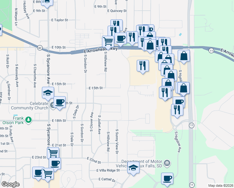 map of restaurants, bars, coffee shops, grocery stores, and more near 5214 E Prospect St in Sioux Falls