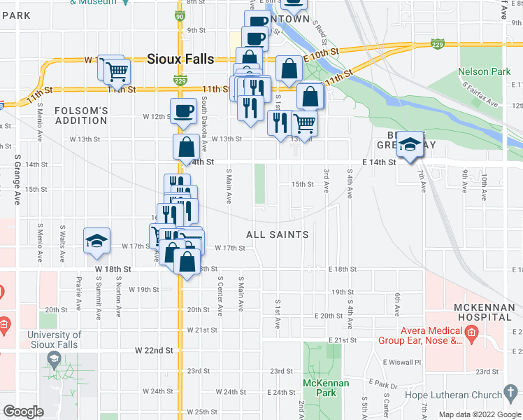 map of restaurants, bars, coffee shops, grocery stores, and more near 758 South Phillips Avenue in Sioux Falls