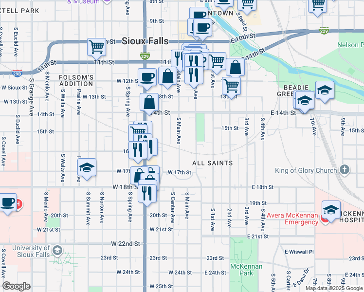 map of restaurants, bars, coffee shops, grocery stores, and more near 660 South Main Avenue in Sioux Falls