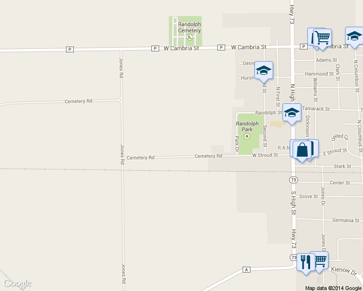 map of restaurants, bars, coffee shops, grocery stores, and more near W304 Cemetery Road in Randolph