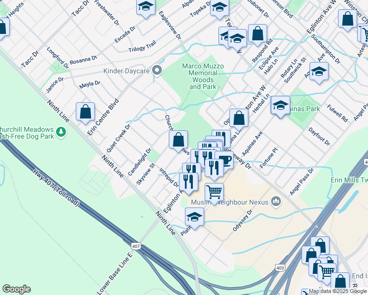 map of restaurants, bars, coffee shops, grocery stores, and more near 5057 Churchill Meadows Boulevard in Mississauga